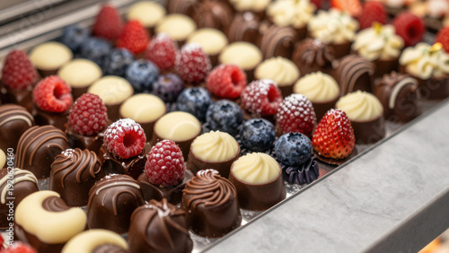 Wallpaper Mural An array of dark and white chocolate truffles, adorned with fresh raspberries and blueberries. They rest on a textured gray surface, creating a visually appealing and delicious display. Torontodigital.ca