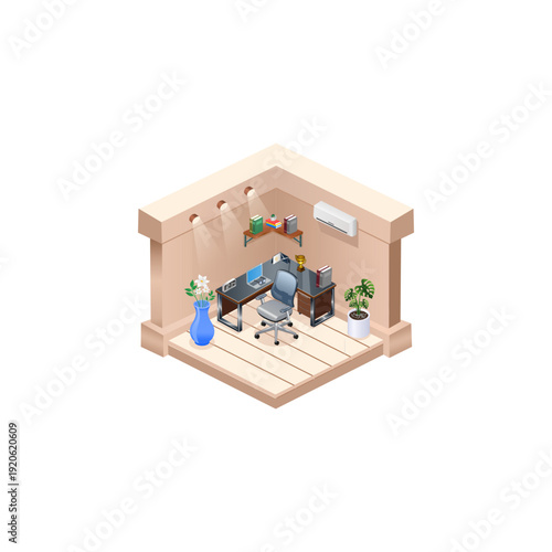 Modern Isometric CEO Executive Office Interior with Desk, Ergonomic Chair, Bookshelf, and Indoor Plants