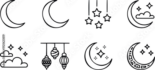 Islamic icons bundle featuring crescent moons stars hanging lanterns and clouds in simple black outline style