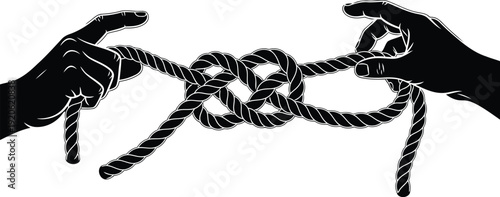 Hands tying knot symbolizing connection and unity with rope against gray background