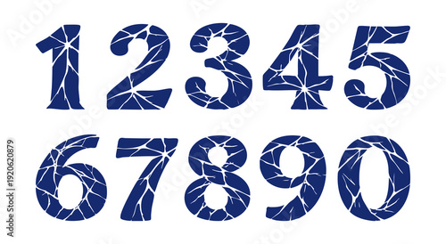 Cracked texture numbers set from 1 to 9 and 0. Bold blue numerals with broken stone effect isolated on light background. Decorative distressed typography collection.