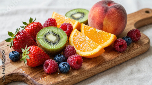 Wallpaper Mural A wooden board displays fresh strawberries, raspberries, and blueberries. The vibrant colors evoke a sense of sweetness and freshness, arranged with an artistic flair. Torontodigital.ca