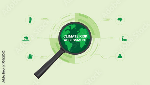 Climate risk assessment concept with magnifying glass over earth analyzing environmental threats and corporate climate strategy impact.