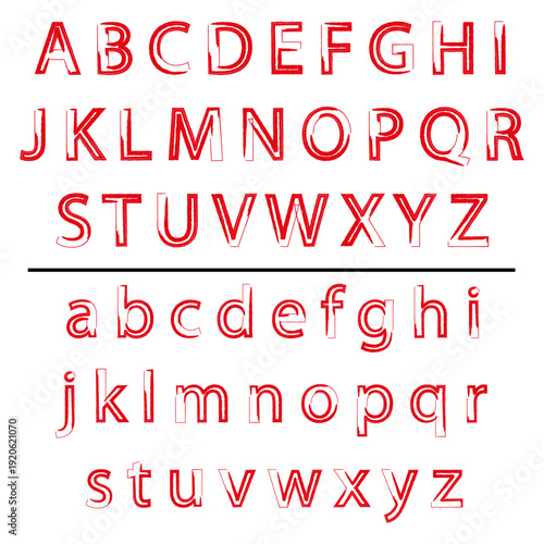 Alphabet letters uppercase and lowercase in red print. Hand drawing alphabet letter. Brush effect