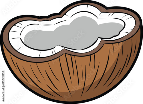 A brown coconut with a white and gray interior cut in half showing the flesh and shell