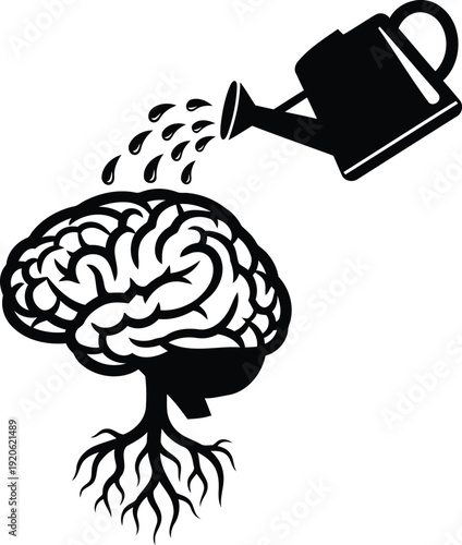 Mental health growth concept with brain silhouette being watered by watering can to nourish roots