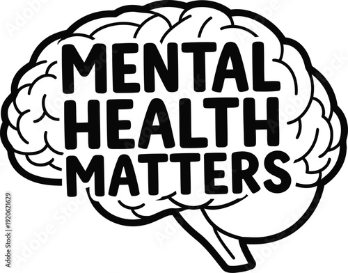 Mental health matters typography design within human brain outline for psychological awareness art