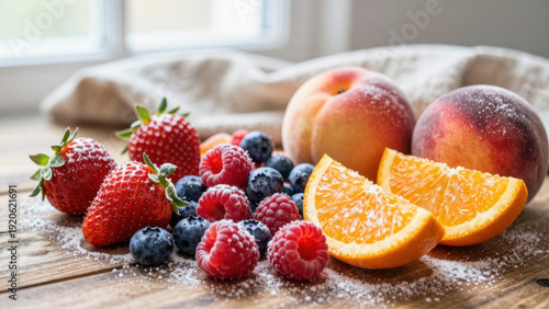 Wallpaper Mural Fresh strawberries, raspberries, blueberries, and a sliced orange are arranged on a wooden surface dusted with powdered sugar. The arrangement is styled and visually appealing. Torontodigital.ca