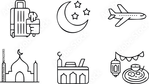 Ramadan kareem doodle line icons set. eid mubarak line icon set. holiday islam line icon