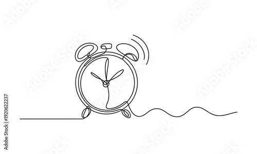 Continuous line drawing of alarm clock ringing with simple wave background