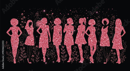 Pink Glitter Women Silhouette Group with Floral Sparkle Background Illustration for Women's Day