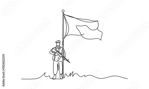 Continuous line drawing of soldier holding rifle standing near tall flagpole