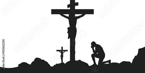 Silhouette of a person praying in front of three crosses on a hill kneeling