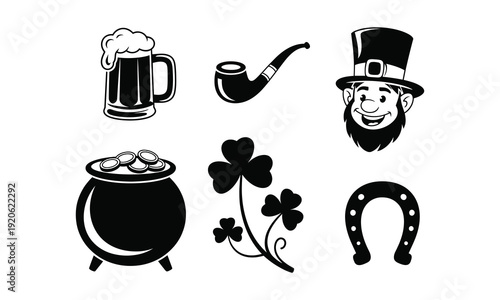 St patrick day collection with beer mug pipe leprechaun pot of gold shamrock horseshoe