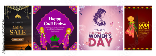 Diverse Festival and Celebration Graphics Featuring Eid Al-Fitr Sale, Gudi Padwa, and International Women's Day Promotions