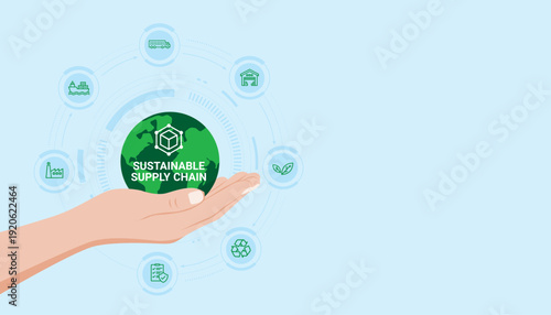 Sustainable supply chain concept with earth in hand and logistics icons representing green sourcing, ethical production and eco friendly distribution.