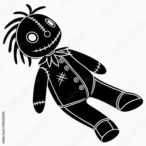 Isolated Black Doll Silhouette Creepy Toy Figure Outline on White Background