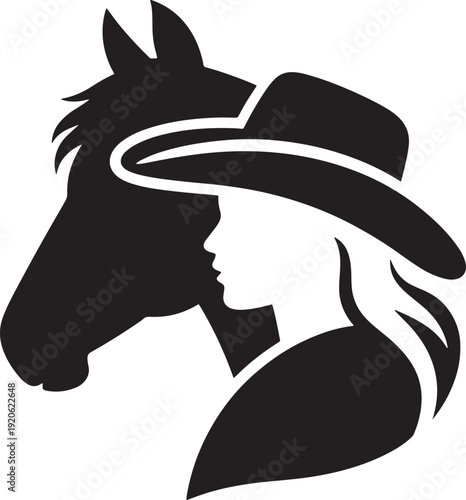 Black silhouette of a cowgirl with hat and horse profile vector