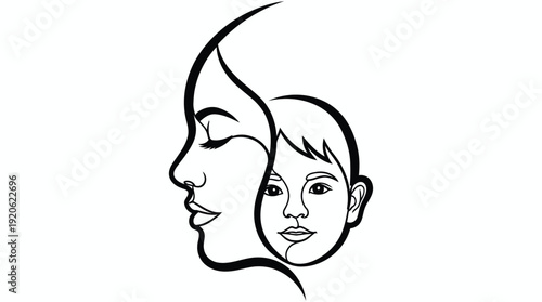 Woman face profile with boy face silhouette inside, maternal love and child relationship