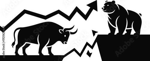 Black silhouette of a bull and a bear facing each other with upward and downward trending stock market graphs symbolizing financial market fluctuations