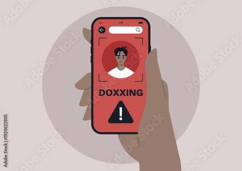 A hand holds a mobile phone displaying a striking doxxing profile, Bright red alert symbols emphasize the dangers of privacy invasion in the digital world, Awareness grows about personal safety.
