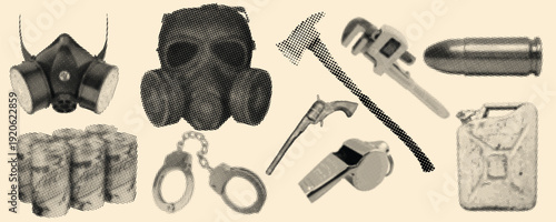 Trendy Halftone Collage Survival Tactical Equipment Illustration