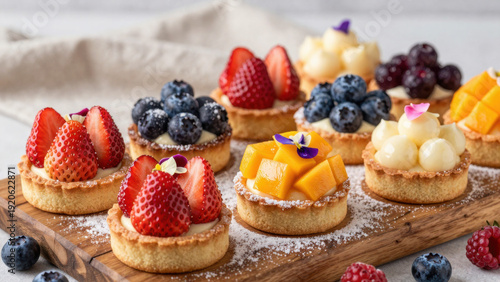 Wallpaper Mural Miniature fruit tarts on a wooden board. Strawberries, blueberries, raspberries, and mango slices adorn the cream-filled pastries, dusted with powdered sugar. A vibrant, fresh, and appetizing display. Torontodigital.ca