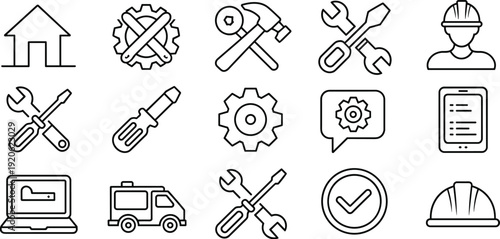 Collection of line representing construction, repair, and technology tools and equipment for service industries