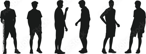 Collection of six diverse male silhouettes in casual summer clothing standing in various poses against a white background