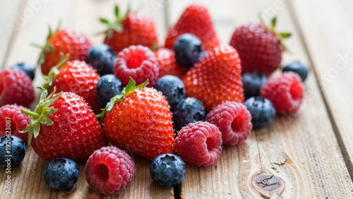 Wallpaper Mural Ripe raspberries and blueberries are artfully arranged on a rustic wooden surface. The vibrant colors create a visually appealing, fresh, and delectable scene, inviting a sense of indulgence. Torontodigital.ca