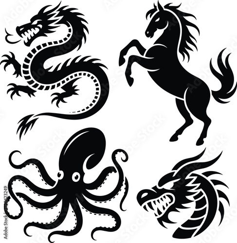 Four black silhouette of mythical creatures and animals including a dragon, a horse, and an octopus