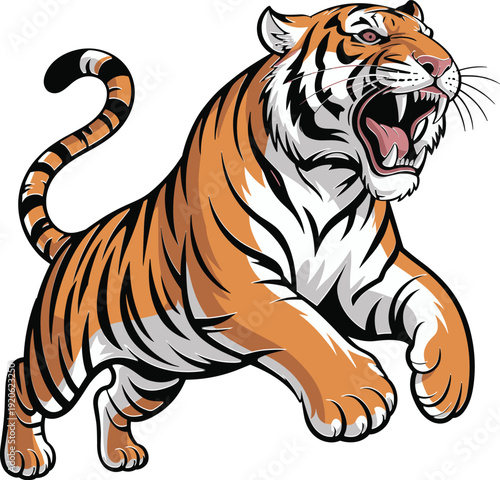 Fierce tiger in mid-leap, mouth open in a roar, showcasing its orange and black stripes and powerful predatory stance
