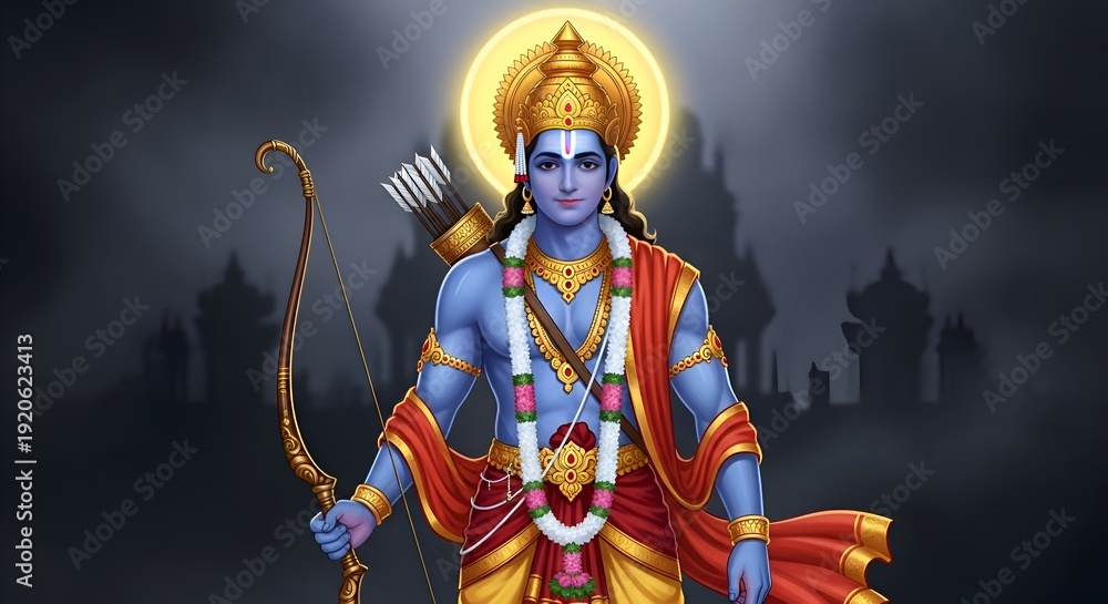 Fototapeta premium Lord Rama in a powerful stance, holding a bow, ready to defend righteousness with divine energy