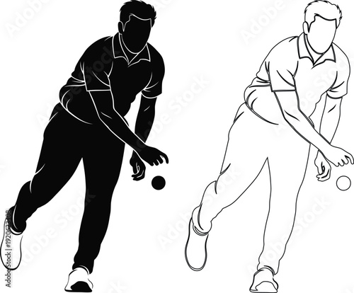 Two cricketers demonstrating bowling techniques with a ball and bails