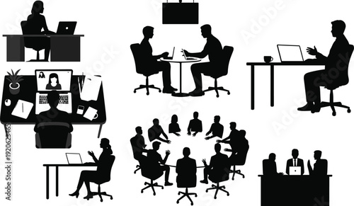 Silhouettes of people in various business meeting and office scenarios using laptops and tables
