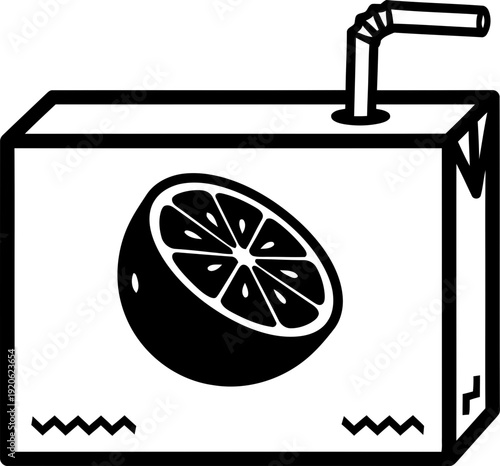 Juice box icon with straw and half a citrus fruit on the side. Fresh drink concept. Minimalist style vector illustration for app, web design