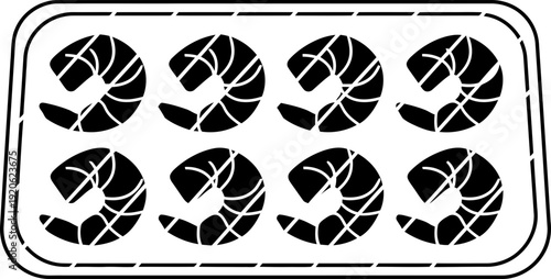 Shrimp tray icon with eight black stylized shrimp arranged in two rows. Food packaging symbol. Simple graphic vector illustration for app