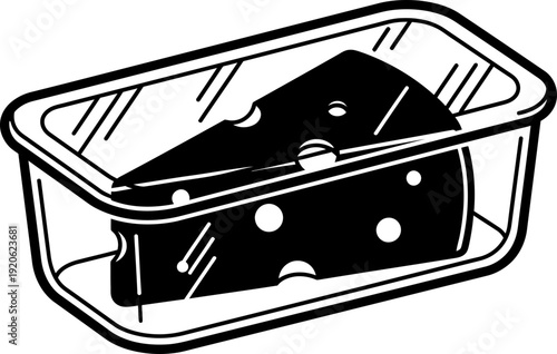 Slice of cheese in a clear plastic container. Food packaging and storage concept. Black and white vector outline illustration