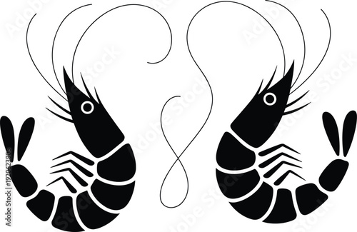 Two black silhouette shrimp facing each other with decorative swirling lines in between prawn seafood