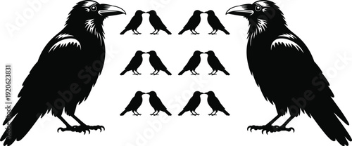 Two large black silhouette crows flanking a group of smaller silhouette birds in pairs raven