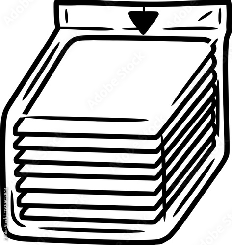 Stack of square pads inside medical sealed packaging. Sterile gauze or wipes concept. Outline vector illustration for first aid kit, wound care symbol