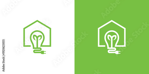 Green house with light bulb and plug energy saving concept.