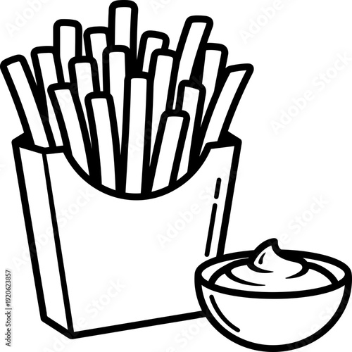 French fry icon with dipping sauce, a simple outline illustration for fast food menu, delivery app, restaurant design
