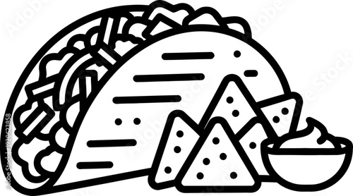 Mexican taco with crispy tortilla chips and dipping sauce, a delicious fast food street snack. Line art vector icon