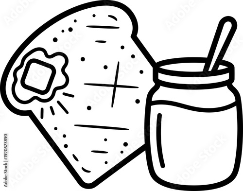 Delicious buttered toast with jam in a jar. Simple breakfast food icon. Vector illustration for cafe menu design
