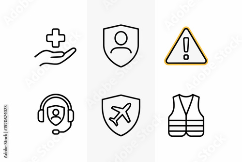 Icons representing essential services and safety measures in a concise visual format isolated on white background, Vector, illustration