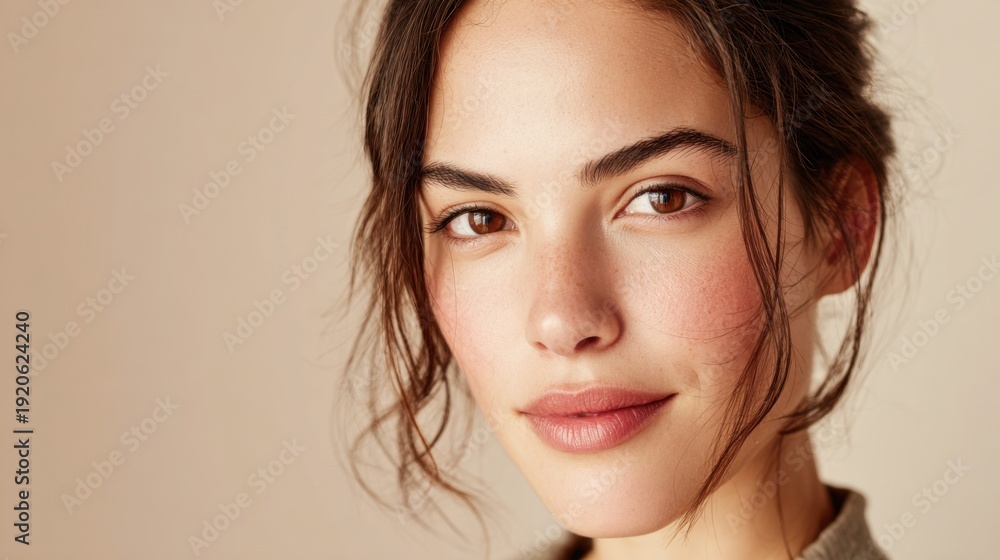 Fototapeta premium Model with loose hair and minimal makeup gazes confidently at the viewer in a soft-toned setting. The atmosphere feels calm and inviting, emphasizing her natural look.