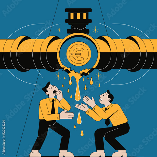 Industrial energy pipeline leaking liquid gold with Euro currency symbol and concerned businessmen, global economic crisis and fuel price inflation flat art
