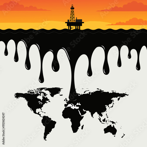 Offshore drilling rig platform silhouette at sunset with world map and central black liquid drip, global fuel energy resource and industrial impact flat art