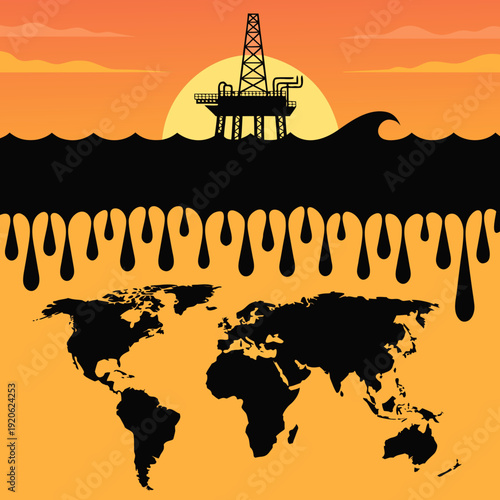energy, fuel, drilling rig, offshore platform, global resources, world map, industrial, extraction, fossil fuel, sunset, silhouette, black drips, orange background, ocean drilling, maritime industry, 